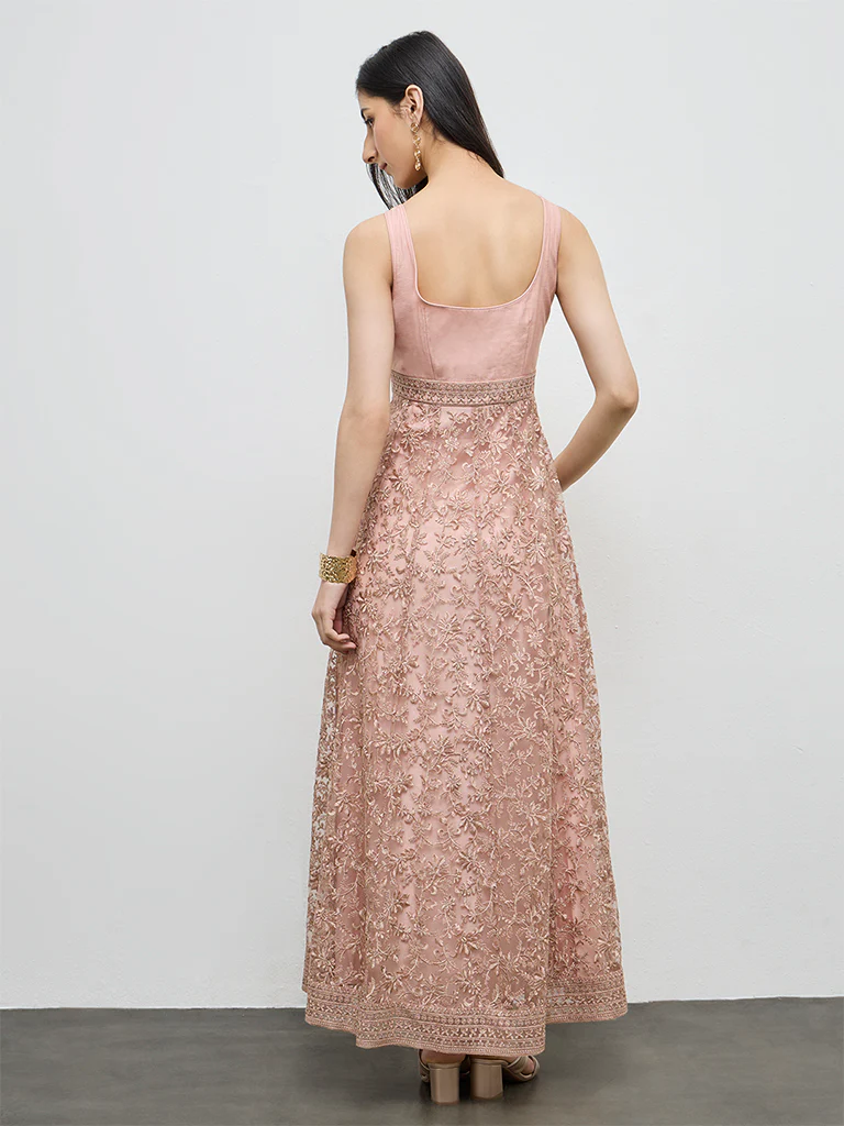 Vark Dusty Pink Floral Embroidered A-Line Dress - Image 4