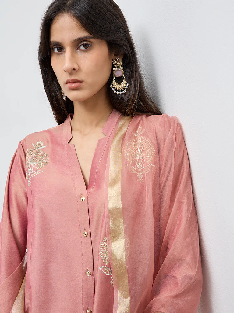 Vark Dusty Pink Floral Embroidered A-Line Ethnic Set - Image 3