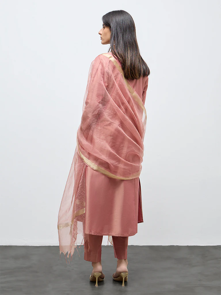 Vark Dusty Pink Floral Embroidered A-Line Ethnic Set - Image 4