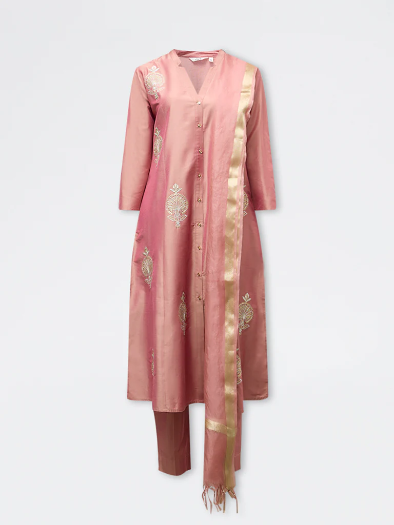 Vark Dusty Pink Floral Embroidered A-Line Ethnic Set - Image 5