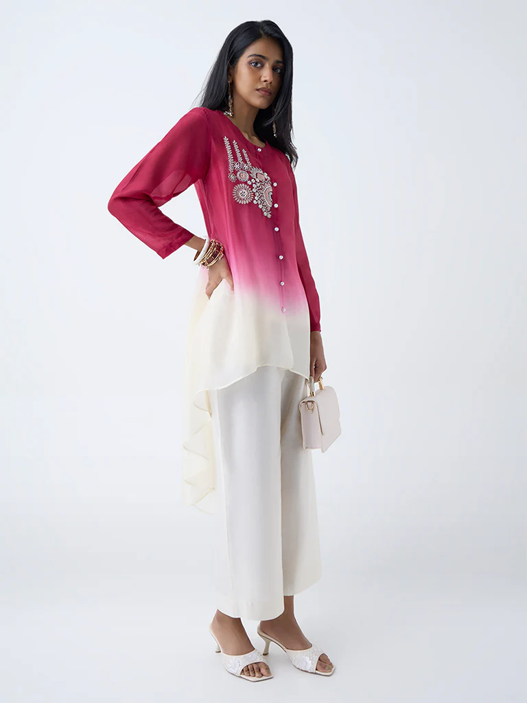 Vark Fuchsia Ombre-Finish High-Low Kurta - Image 2