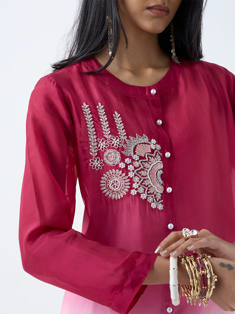 Vark Fuchsia Ombre-Finish High-Low Kurta - Image 3