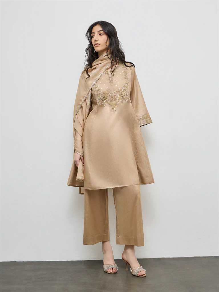 Vark Gold Embroidered Cotton-Blend A-Line Ethnic Set - Image 2