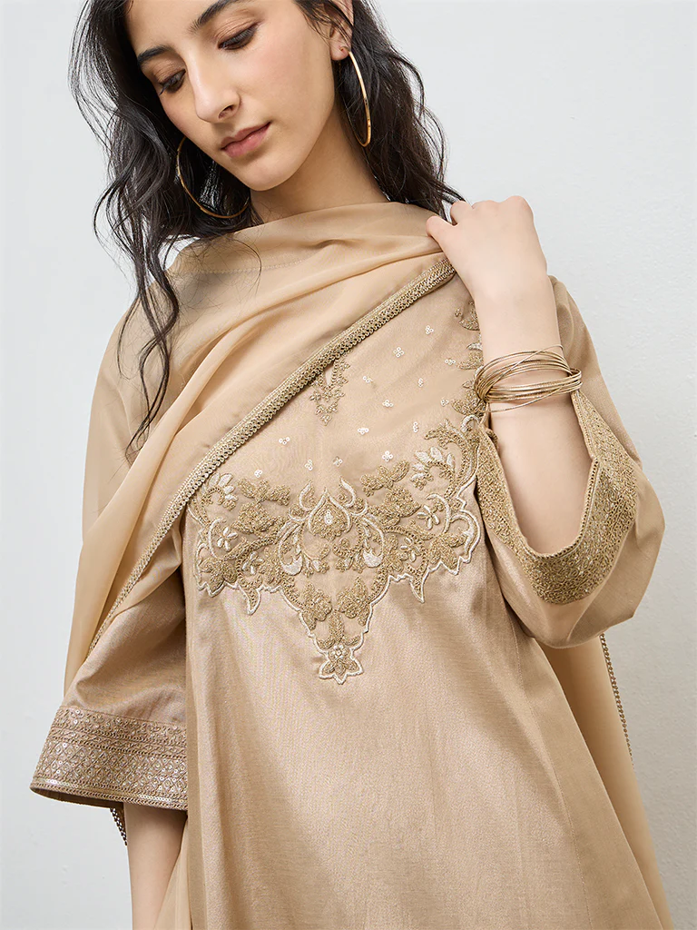 Vark Gold Embroidered Cotton-Blend A-Line Ethnic Set - Image 3