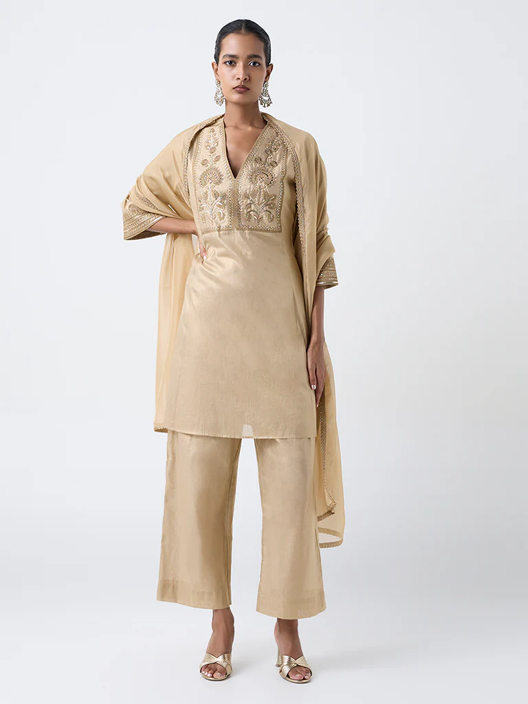 Vark Gold Embroidered Cotton-Blend A-Line Set