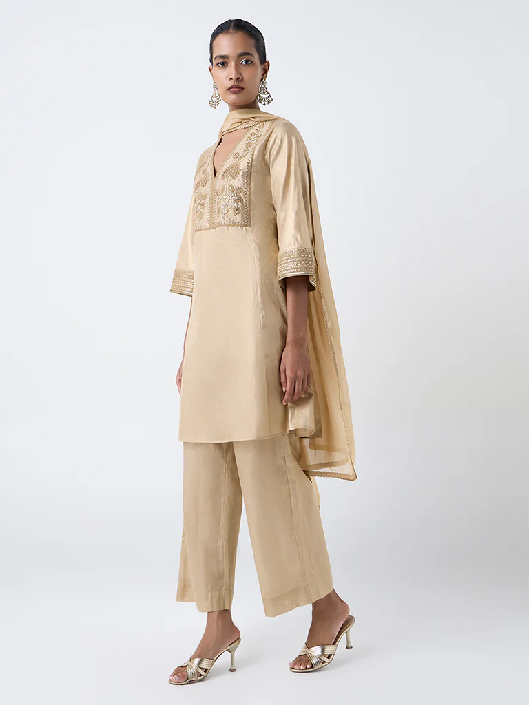 Vark Gold Embroidered Cotton-Blend A-Line Set - Image 2