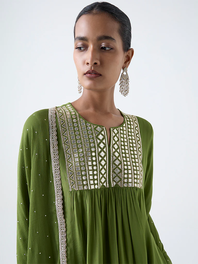 Vark Green Mirror-Detailed Fit-and-Flare Ethnic Set - Image 3