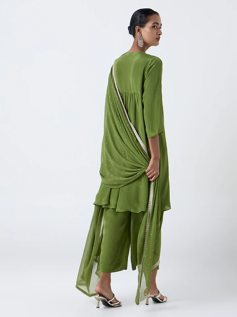 Vark Green Mirror-Detailed Fit-and-Flare Ethnic Set - Image 4
