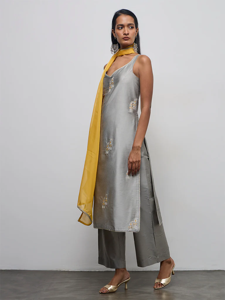 Vark Grey Embroidered A-Line Ethnic Set - Image 2