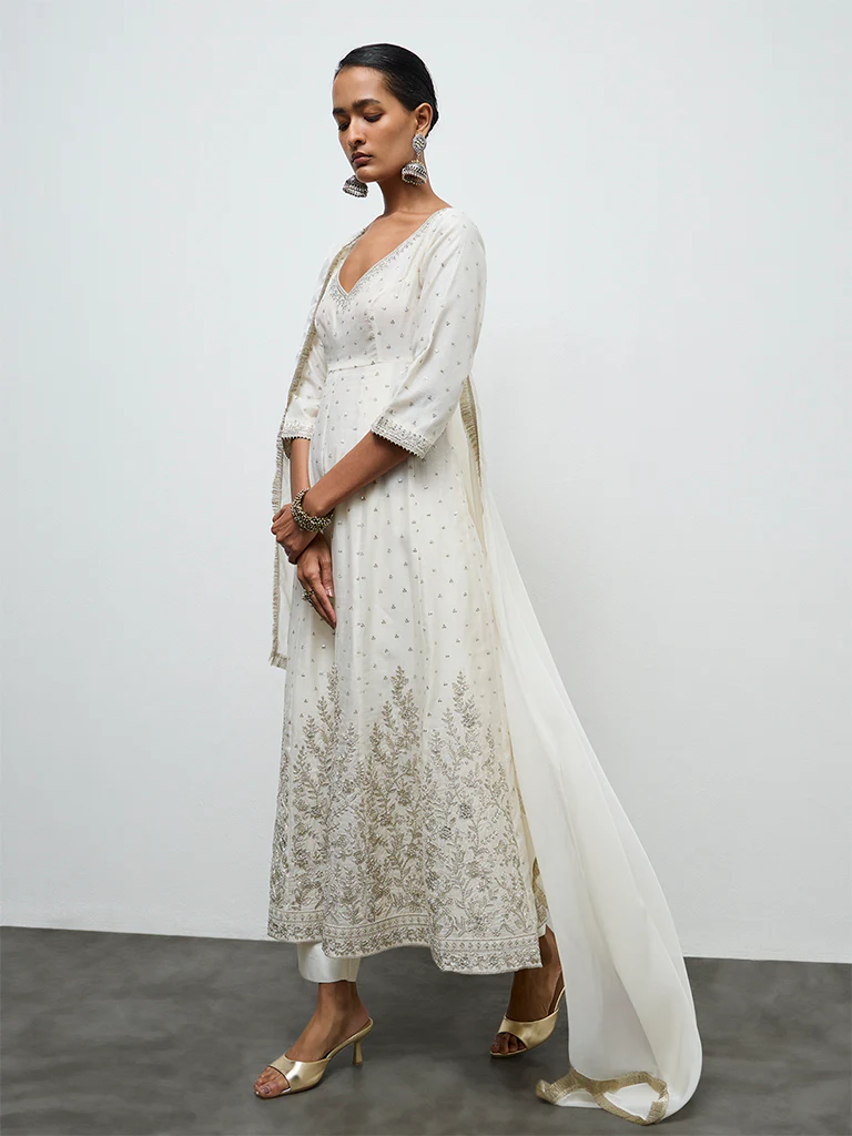 Vark Ivory Embellished Ethnic Cotton-Blend Anarkali Set - Image 2