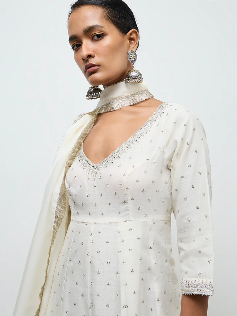 Vark Ivory Embellished Ethnic Cotton-Blend Anarkali Set - Image 3