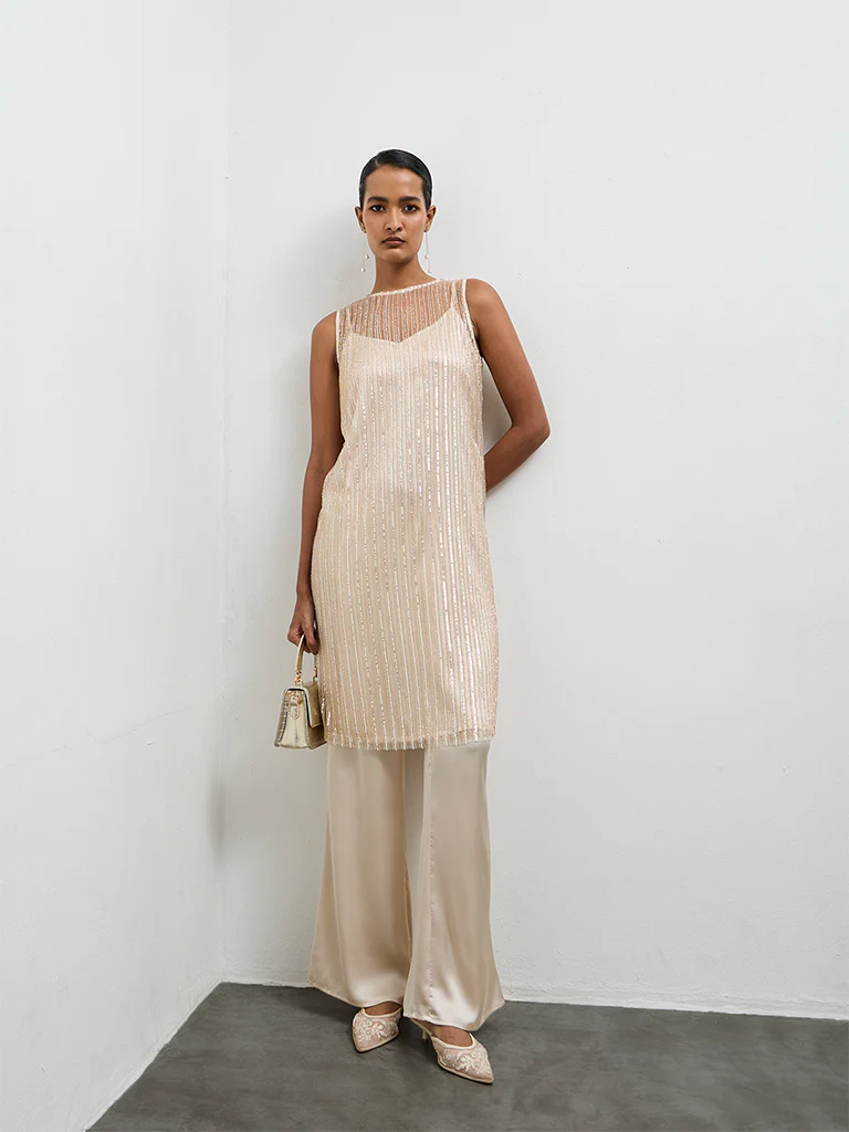 Vark Ivory Embellished Straight Ethnic Set with a Camisole