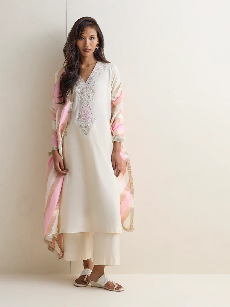 Vark Ivory Embroidered A-Line Ethnic Set