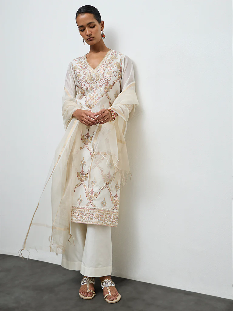 Vark Ivory Floral Embroidered Cotton-Blend A-Line Ethnic Set - Image 2