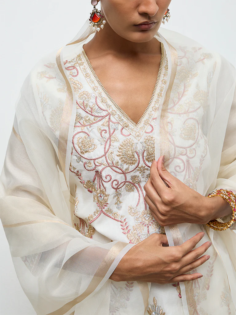 Vark Ivory Floral Embroidered Cotton-Blend A-Line Ethnic Set - Image 3