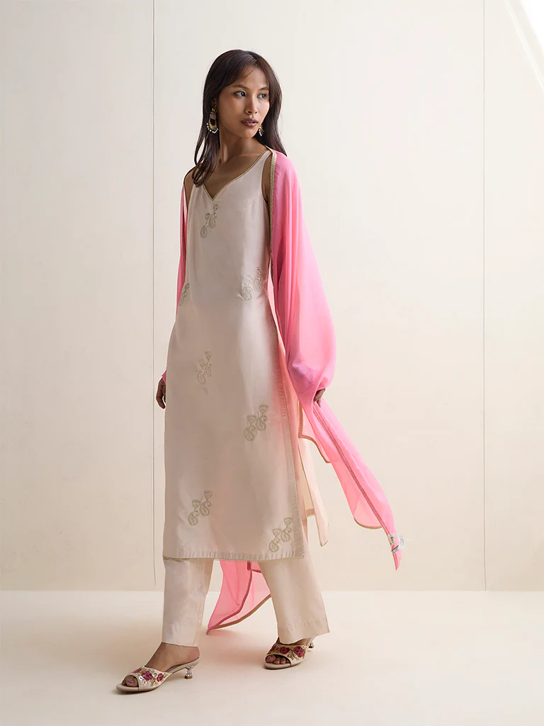 Vark Light Beige Embroidered A-Line Ethnic Set