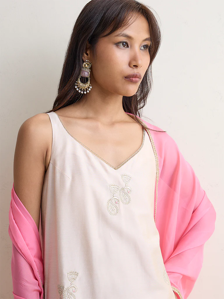 Vark Light Beige Embroidered A-Line Ethnic Set - Image 3