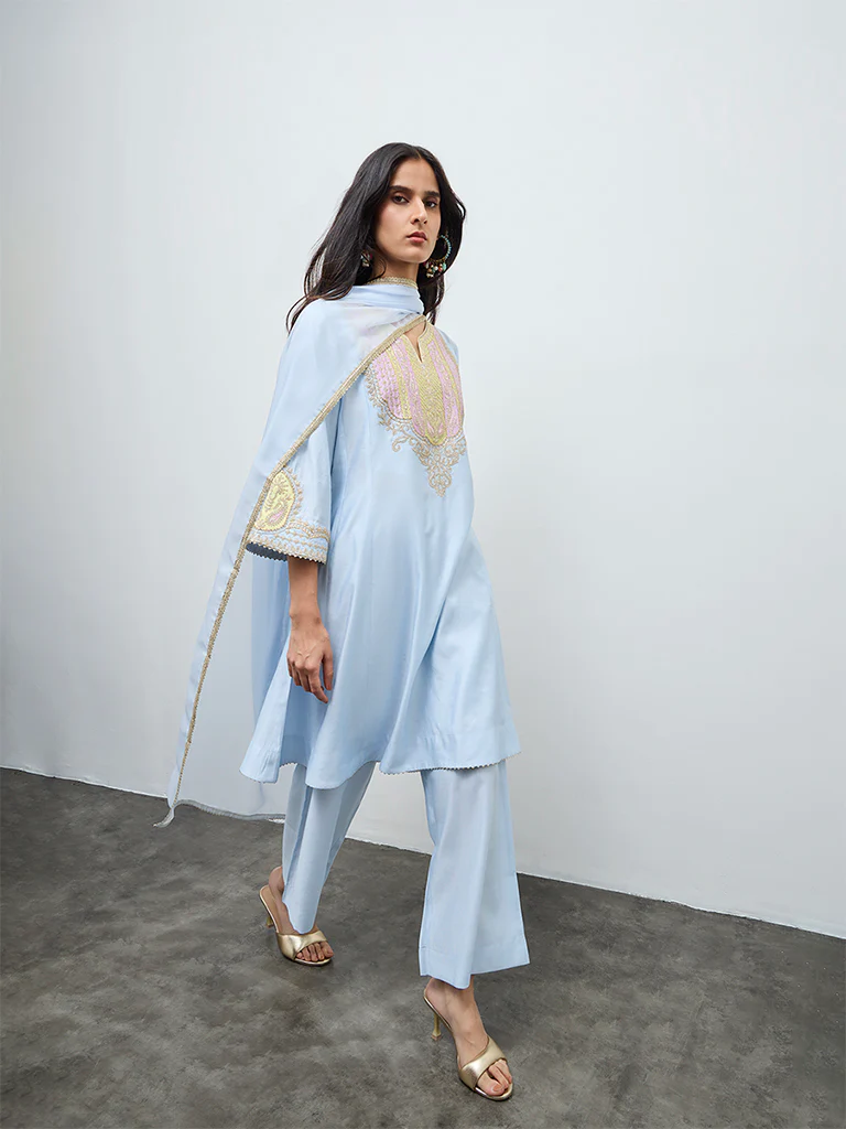 Vark Light Blue Embroidered A-Line Ethnic Set - Image 2