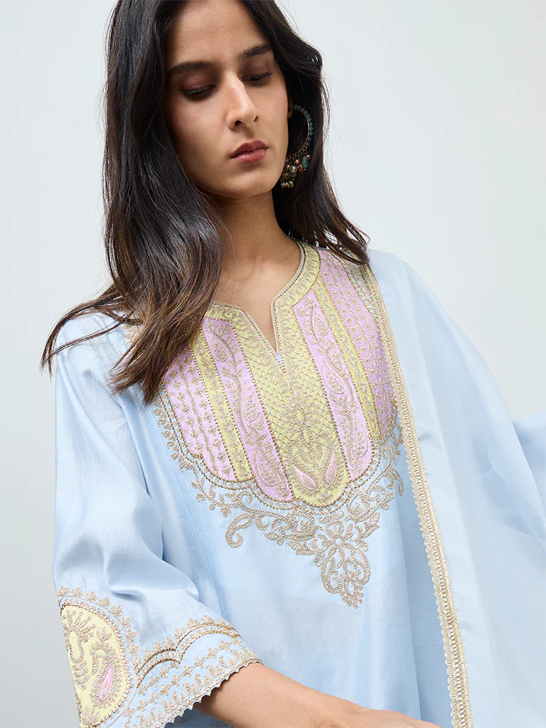 Vark Light Blue Embroidered A-Line Ethnic Set - Image 3
