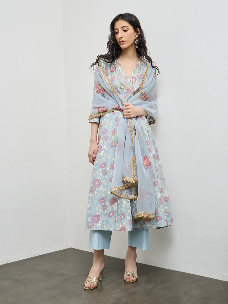 Vark Light Blue Floral Cotton-Blend A-Line Ethnic Set - Image 2
