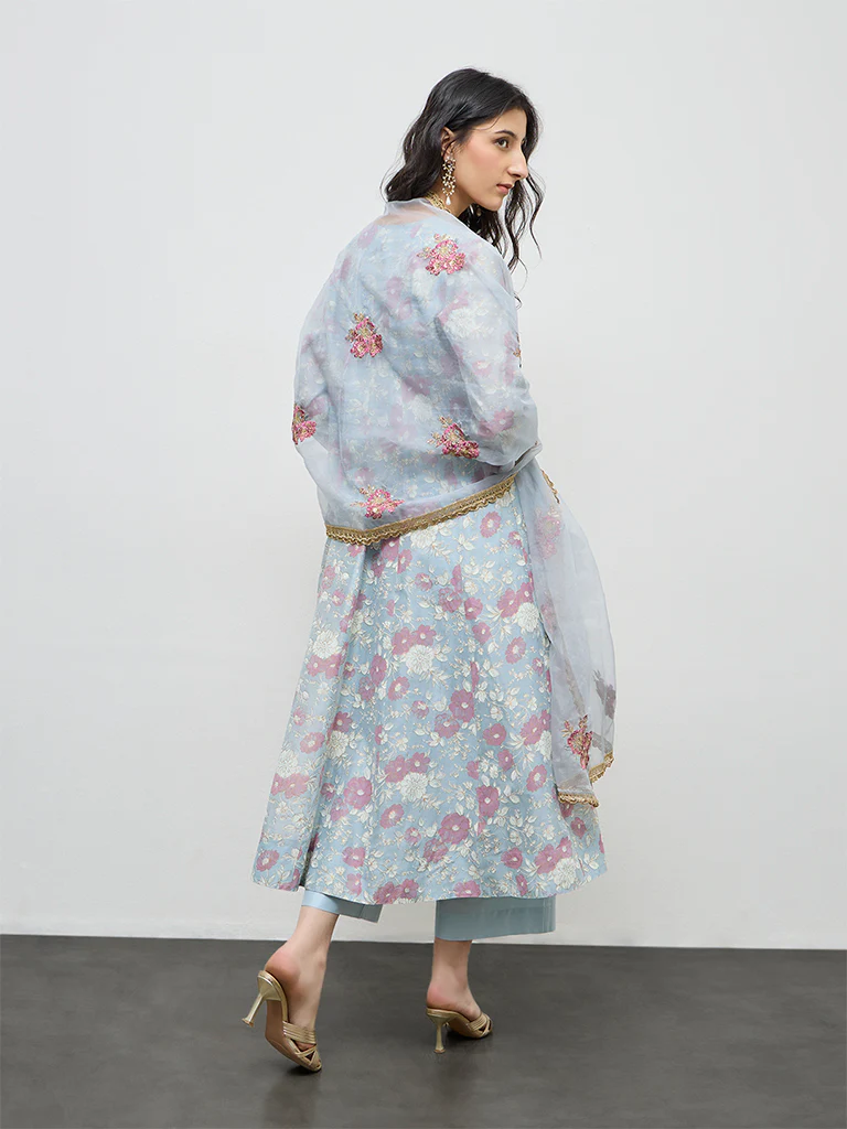 Vark Light Blue Floral Cotton-Blend A-Line Ethnic Set - Image 4