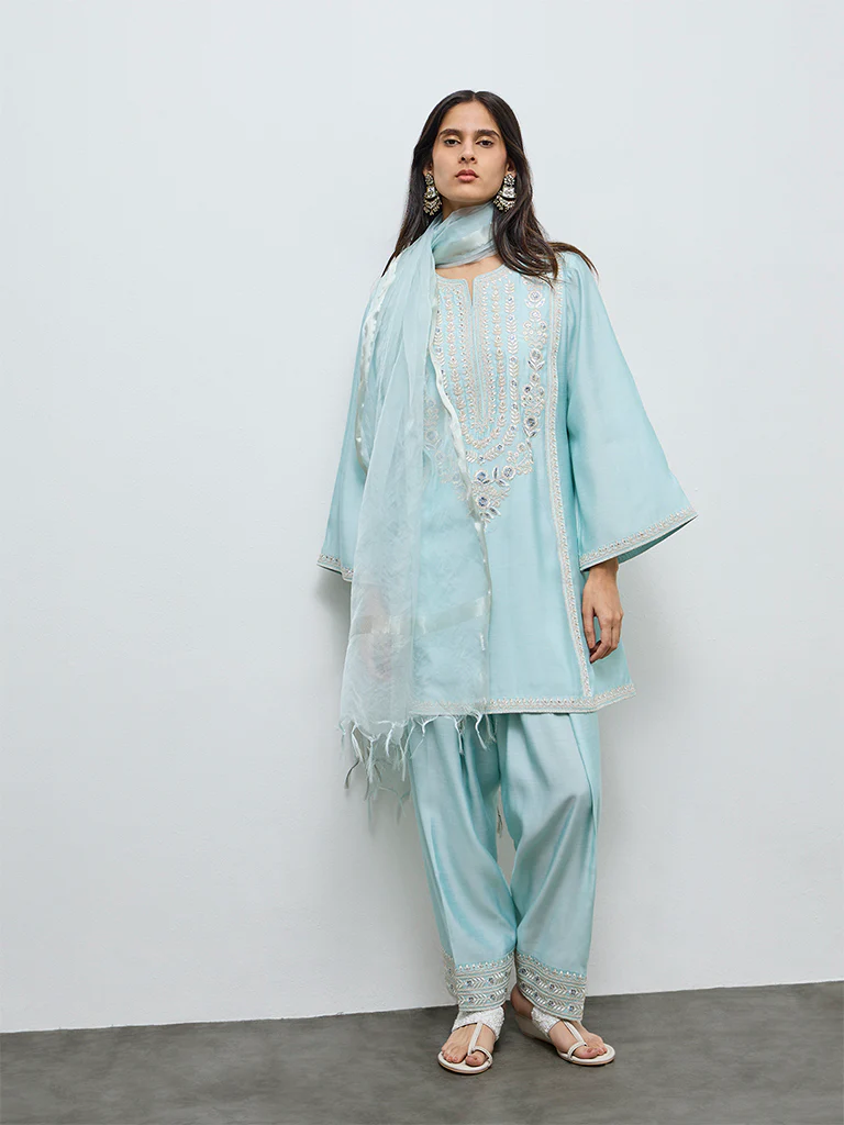 Vark Light Blue Floral Embroidered A-Line Ethnic Set - Image 2