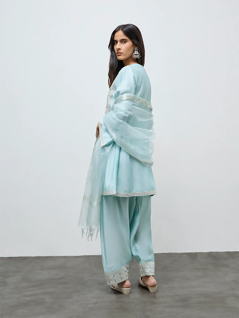 Vark Light Blue Floral Embroidered A-Line Ethnic Set - Image 4