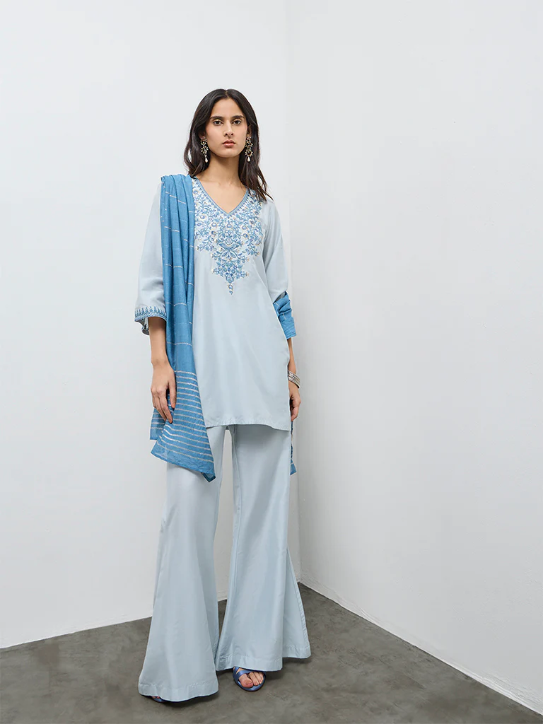 Vark Light Blue Floral Embroidered Straight Ethnic Set