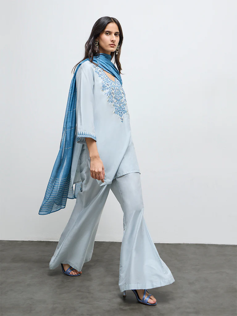 Vark Light Blue Floral Embroidered Straight Ethnic Set - Image 2
