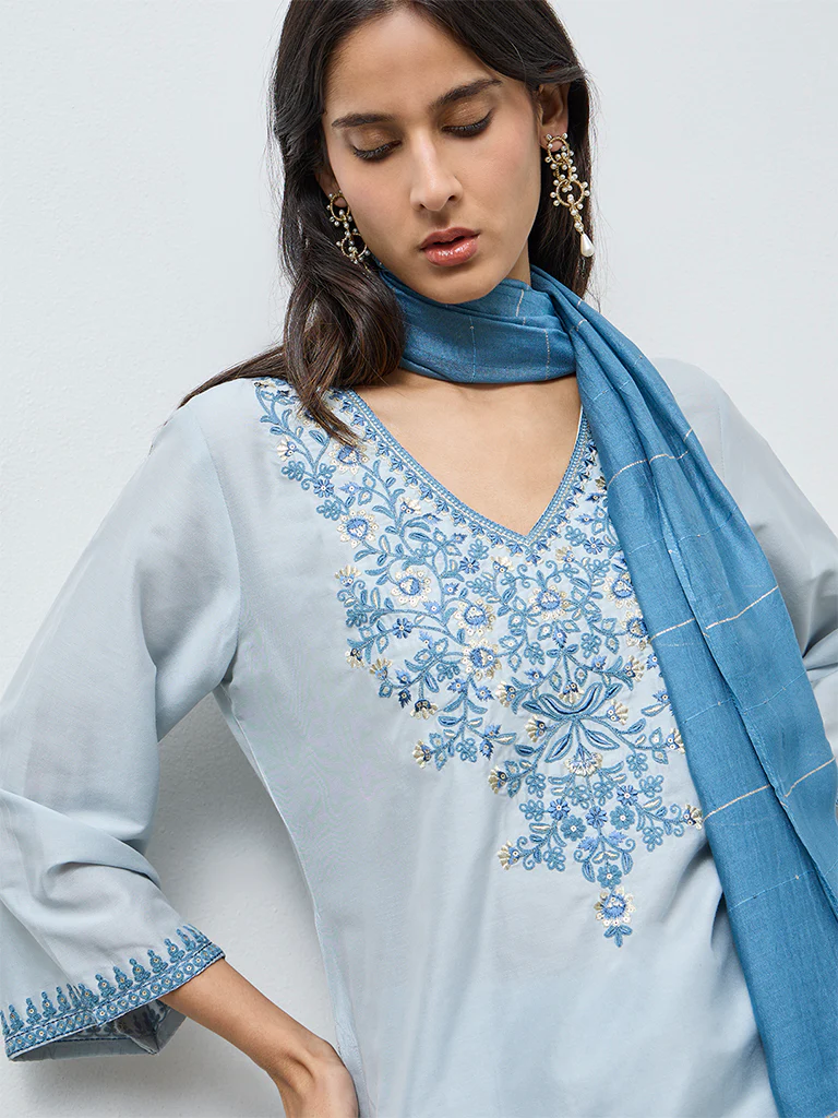 Vark Light Blue Floral Embroidered Straight Ethnic Set - Image 3