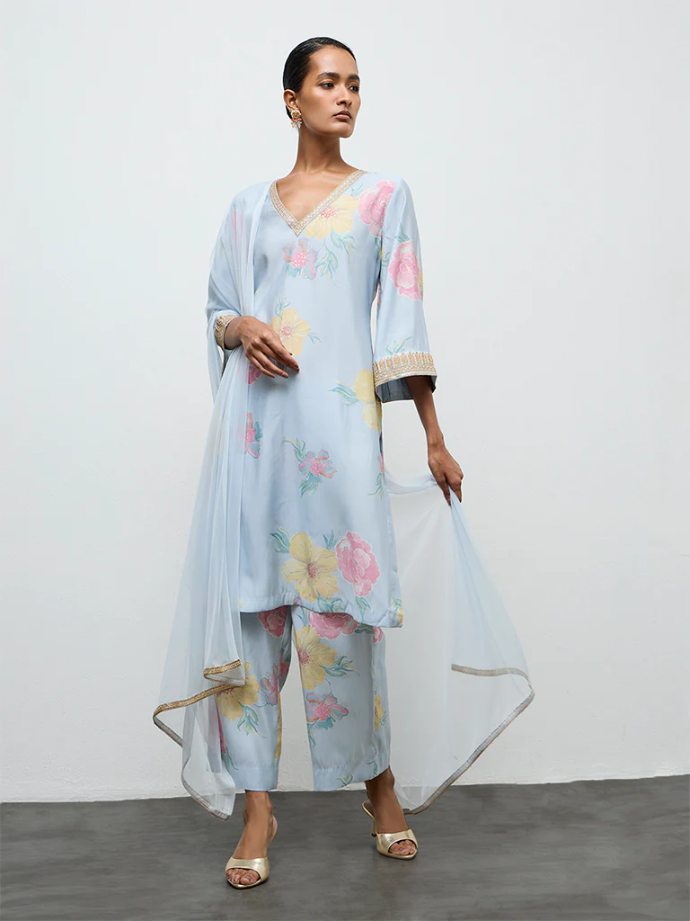 Vark Light Blue Floral Printed A-Line Ethnic Set
