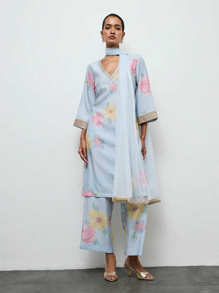 Vark Light Blue Floral Printed A-Line Ethnic Set - Image 2