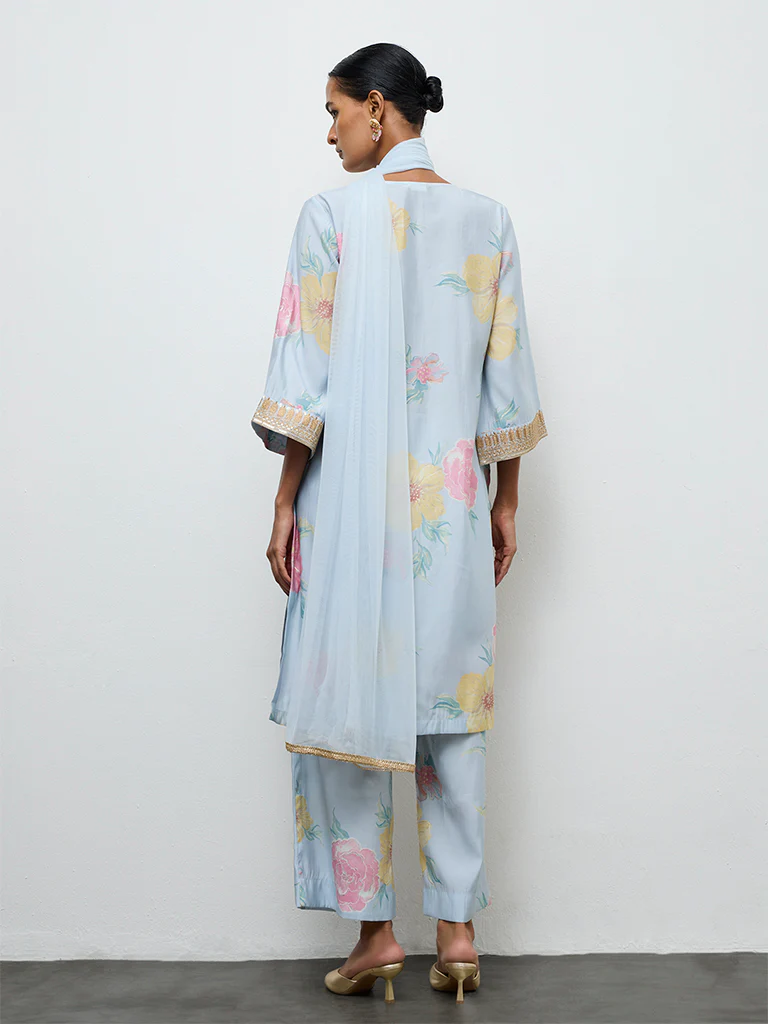 Vark Light Blue Floral Printed A-Line Ethnic Set - Image 4