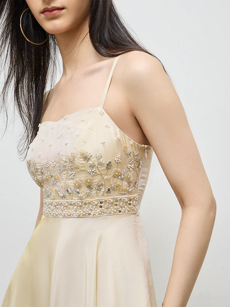 Vark Light Gold Embellished A-Line Dress - Image 3