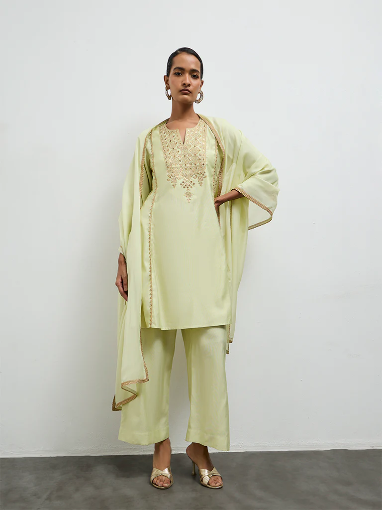 Vark Light Green Embroidered A-Line Ethnic Set - Image 2