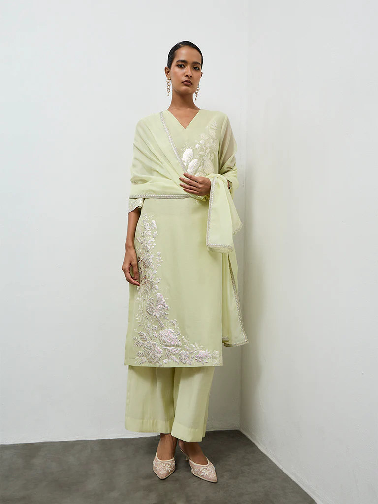 Vark Light Green Floral Embroidered Cotton-Blend A-Line Ethnic Set - Image 2