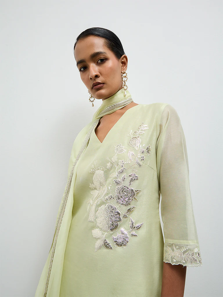 Vark Light Green Floral Embroidered Cotton-Blend A-Line Ethnic Set - Image 3