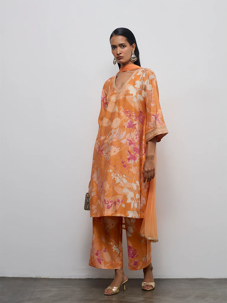 Vark Light Orange Floral Printed A-Line Ethnic Set - Image 2