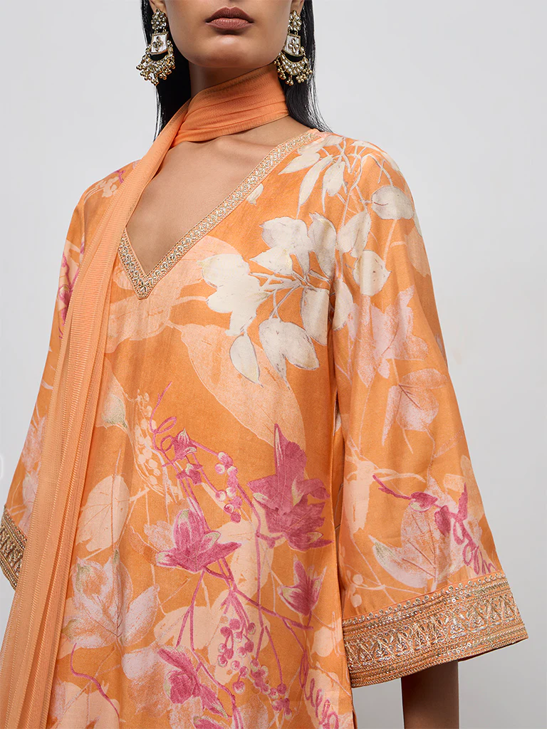 Vark Light Orange Floral Printed A-Line Ethnic Set - Image 3