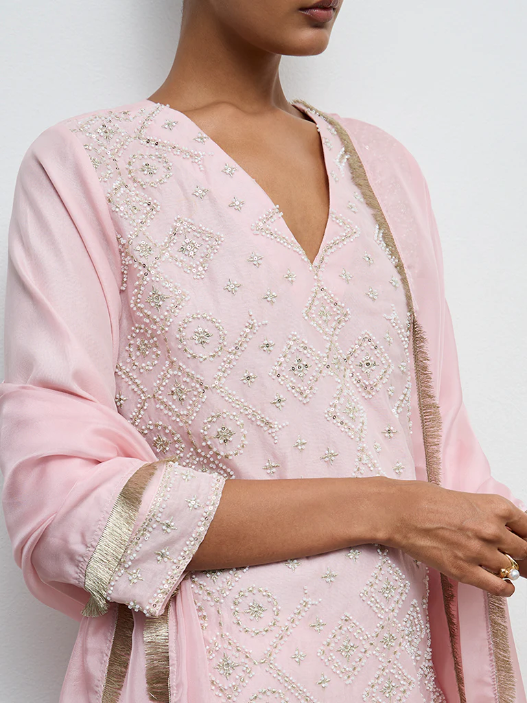 Vark Light Pink Embellished Cotton-Blend Ethnic Set - Image 3
