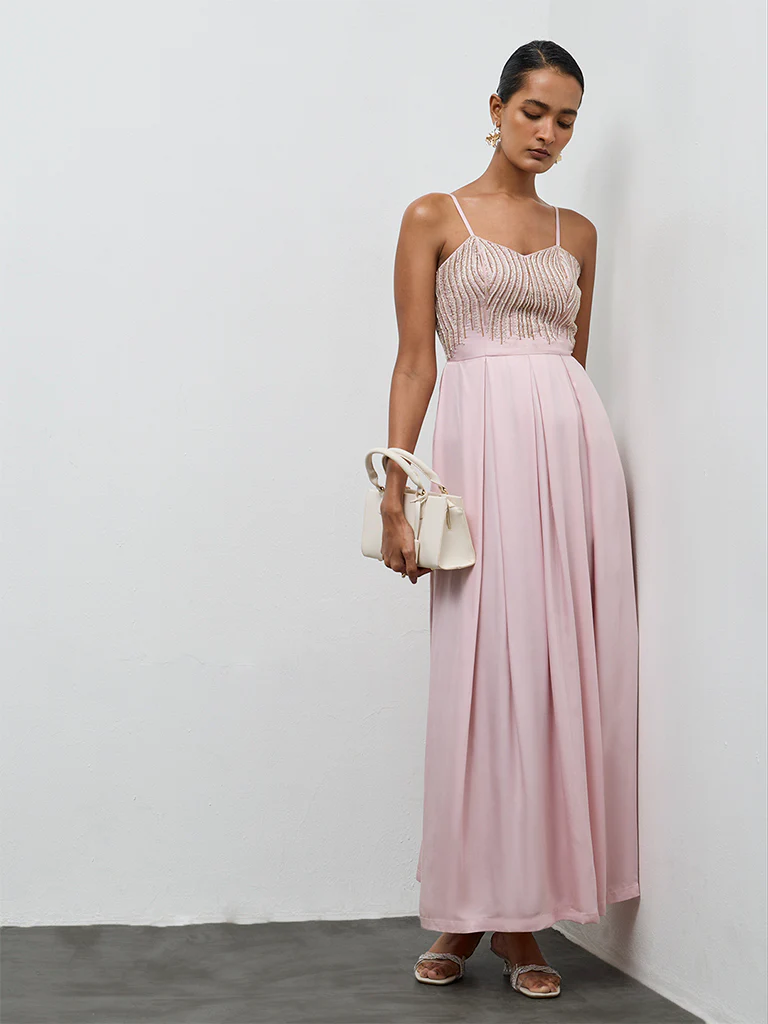 Vark Light Pink Embellished Empire A-Line Dress - Image 2