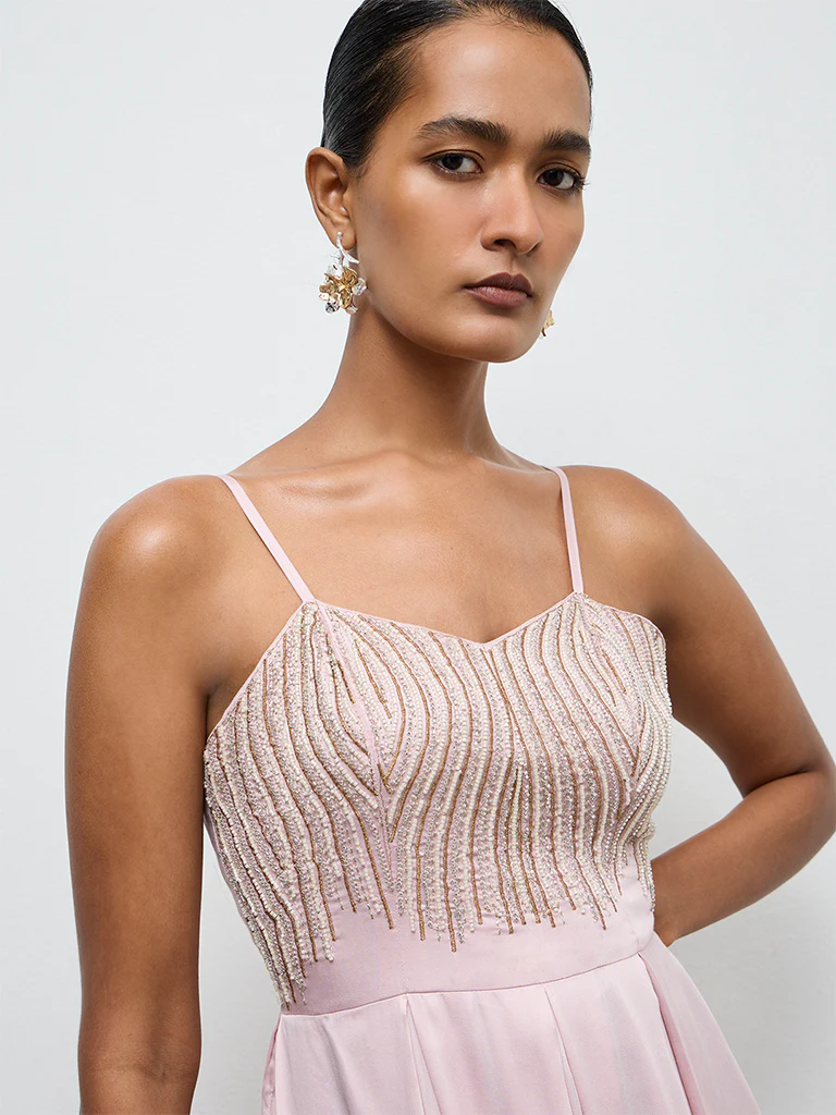 Vark Light Pink Embellished Empire A-Line Dress - Image 3