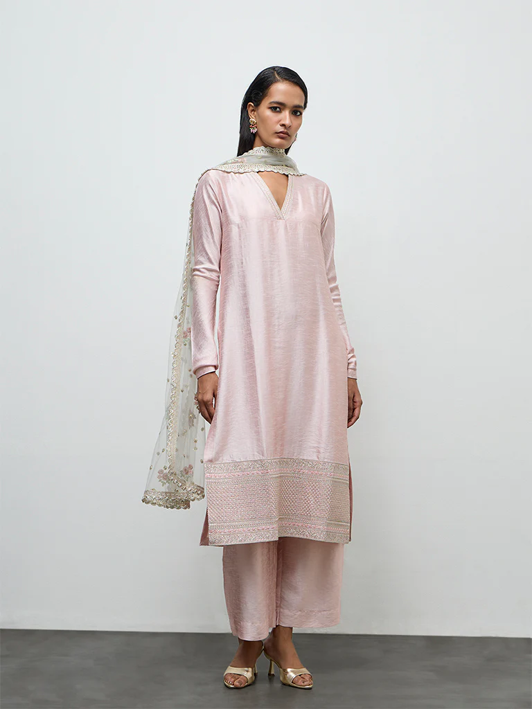 Vark Light Pink Embroidered A-Line Ethnic Set