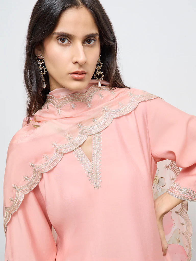 Vark Light Pink Embroidered Straight Ethnic Set - Image 3