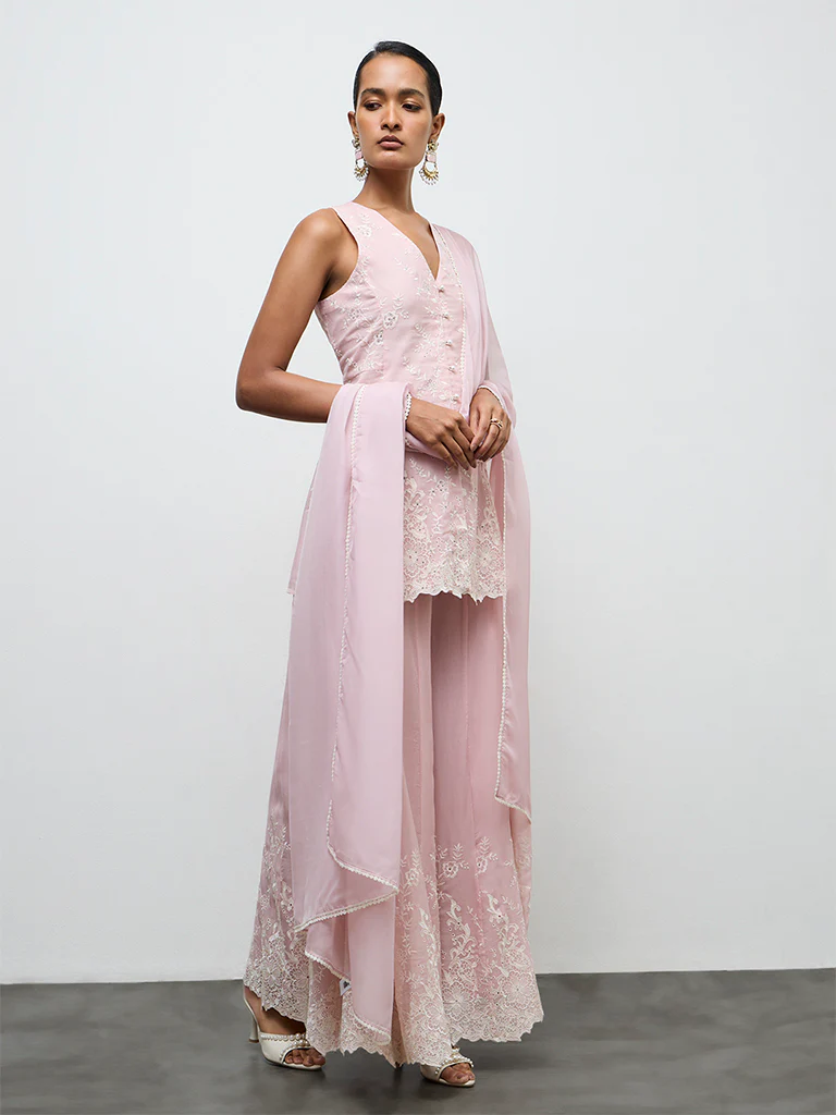 Vark Light Pink Floral Embroidered Ethnic Set - Image 2