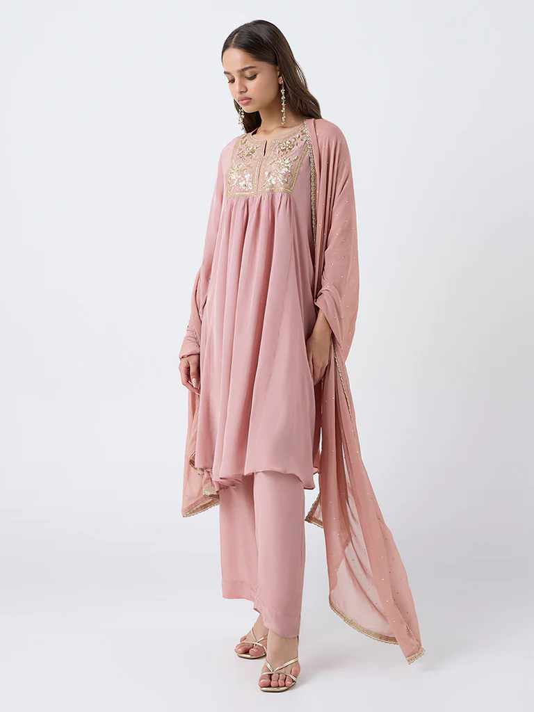Vark Light Pink Sequin Embellished Ethnic Set