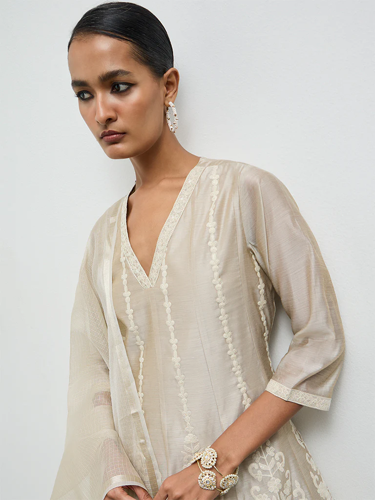 Vark Light Taupe Embroidered A-Line Ethnic Set - Image 3