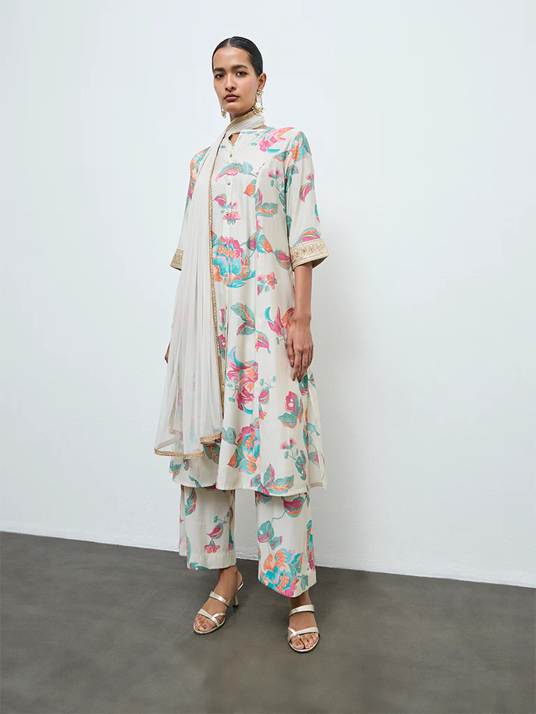 Vark Light Taupe Floral Pattern A-Line Ethnic Set - Image 2