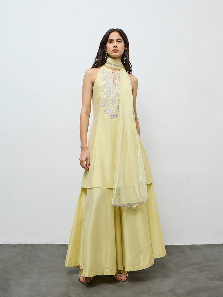 Vark Light Yellow Floral Embroidered A-Line Ethnic Set - Image 2