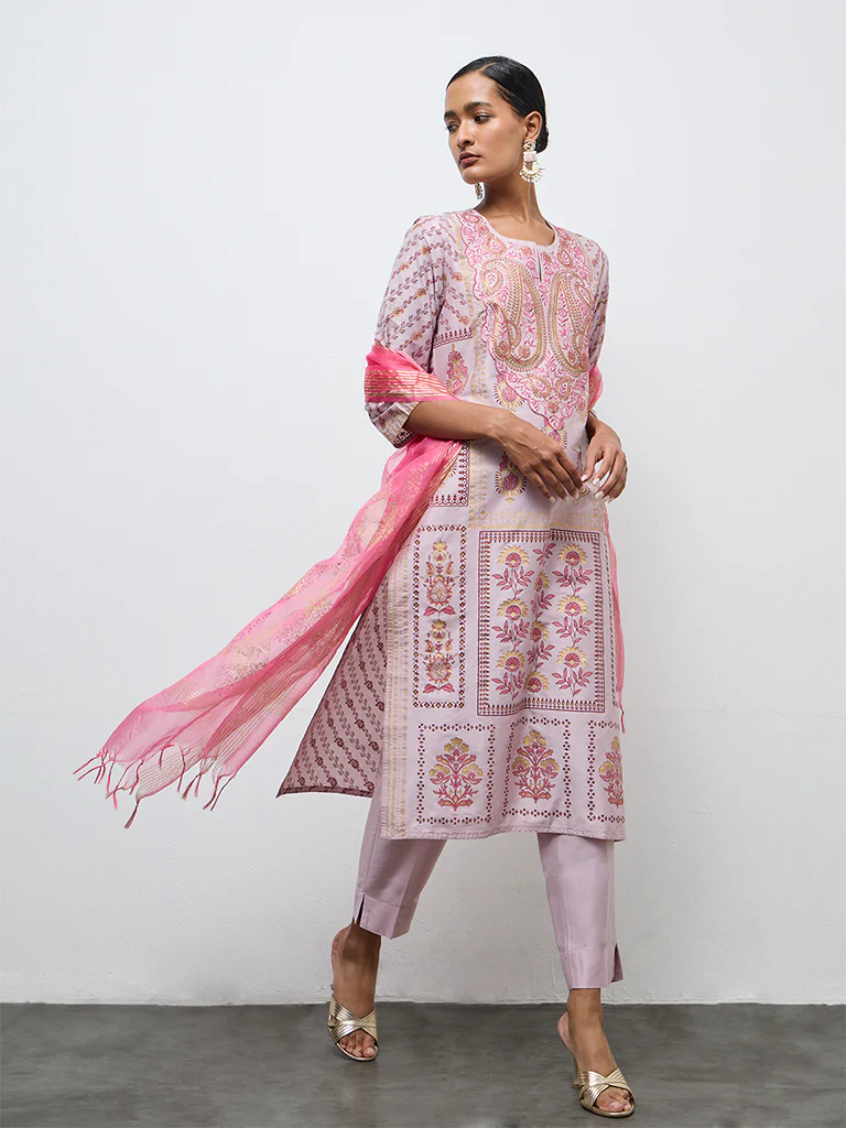 Vark Lilac Printed A-Line Kurta Ethnic Set